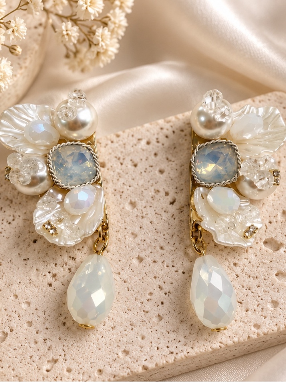 Gold Pearl & Opal Drop Earrings - Women Jewelry